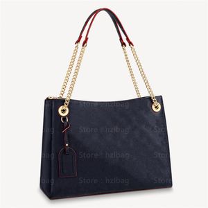 Navy Blue Chain Tote Bag - Embossed Grained Leather Surene MM Designer Women's Handbag with Name Tag