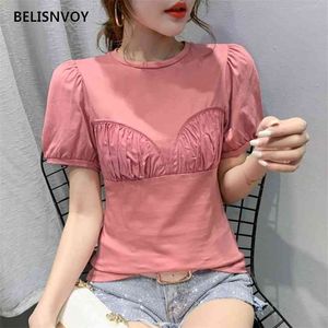 Korean Pink White Tshirt Tops Women Clothing Summer Tees Cotton Puff Sleeve Slim T-shirt Tee Top Vetement Femme Camisetas 210520