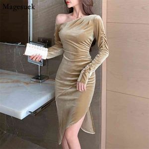 Long Sleeve Velvet Dress Women Slash Neck Sexy Party Midi Female Split Elegant Gowns Ladies es Vestidos 13188 210512