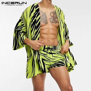 Fashion Men Sets Printing Summer Streetwear Open Stitch 3/4 Sleeve Casual Cardigan Tops 2021 Shorts Beach Hawaiian Sets INCERUN X0909