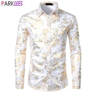 Glänsande Paisley Tryckt lyxklänning T-shirts Män Långärmad Casual Button Down White Wedding Groom Party Dinner Shirt Male Chemise 210522