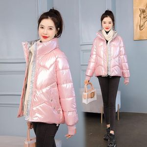 Kvinnors Down Parkas Glänsande Stand Krage Kvinna Vinter Puffer Jacka Plus Storlek Coat Wind Break Quilted Coats Beskurna Kawaii Koreanska Jackor O