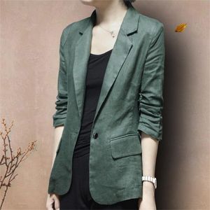 Arrival Spring/autumn Women Casual Single Button Three Quarter Sleeve Blazer Slim Cotton Linen Notched Collar Coat W80 210512