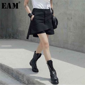 [Eam] primavera outono alta cintura camadas pretas irregular divisão conjunta solta calças mulheres calças moda ju438 210925