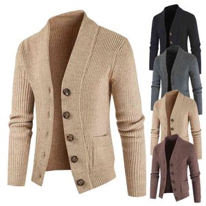 縞模様のメンズセーターコート暖かいカジュアルなソリッドコート男性シングルボタン厚いセーターカーディガン秋のリブ裾のジャケットニット210524