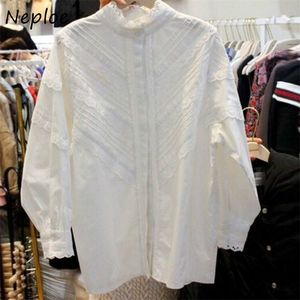 Vårvit Stand Collar Korean Style Casual Singel Breasted Femme Blusas Lossa Enkla Kvinnor Blus 210422