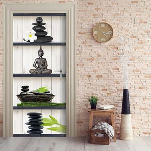 Home Decor DIY Porta Adesivo Buddha Flor Stone auto adesivo Decalque papel para sala de estar PVC À Prova D 'Água 3D Impressão Adesivo Arte 210317