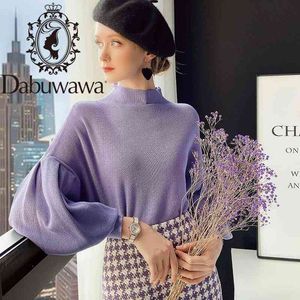 Dabuwawa Vintage Purple Knit Puling Sweter Kobiety Latarnia Rękaw Mock Neck Jesień Zima Luźne Fit Swetry Kobiet DT1DKT007 210520