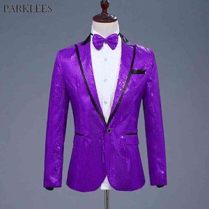 Purple Sequin Glitter One Button Blazer Jacket Men Nightclub Prom Laple Piping Suit Blazer Men Club Stage Singer Costume Homme 210522