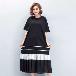 Czeski Kobiety Hit Kolor Sukienka Vintage O-Neck Krótki Rękaw Wysoki Talia Dorywczo Loose Mid-Calf Vestido Plus Size 210529