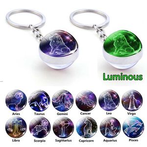 Glow In The Dark 12 Constellation Keychain Double Side Glass Ball Keyring Keyfob Luminous Zodiac Jewelry Pendant G1019