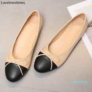 Designer- Vrouwen Ballet Flats Klassieke Schoenen Leer Tweed Doek Twee Kleuren Splice Bow Ronde Balletschoen Mode Flats Vrouwen Schoenen