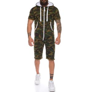 Tek Parça Tulum Erkekler Yeni Yaz Katı veya Camoflage Kısa Kollu Fermuar Suits Tulum Romper Pokect Artı Boyutu 3XL Y0310