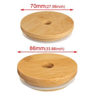 1000pcs Bamboo Jar Lids With Straw Hole 70mm 88mm Bamboo's Cap Lid Reusable Wooden Mason Jars Lid- Sealing Caps Straws Hole And Silicone Seal DHL/FedEx Delivery