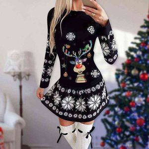 Рождественские животные снежинки напечатаны мини-платье осень с длинным рукавом тонкие женские платья женщины 2022 весна o шеи a-line Party платье Y1204