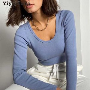 Yiyiyouni casual rosca de parafuso manga longa pulôveres mulheres de algodão vintage blusas de malha mulheres coreanas Básico branco preto tops 211103