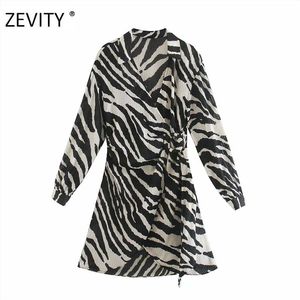 Zevity 여성 빈티지 동물 텍스처 인쇄 새시 미니 드레스 여성 Batwing 슬리브 기모노 Vestido Chic 캐주얼 슬림 드레스 DS4266 211221