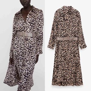 Fashion Animal Print Office Dress Women Satin Collar Shirt Midi Woman Long Sleeve Button Up Ladies es Belt 210430