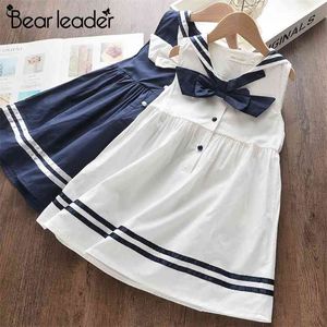 Girls Dress Summer Sailor Suit Button Decoration Girl Square Big Back Bow for 3-7 Years Old Princess 210429