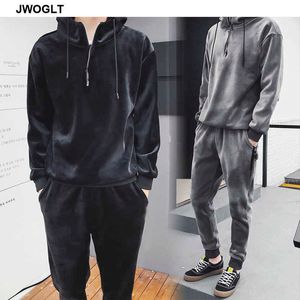 Jesień Zima Miękkie Ciepłe Mężczyźni Welor Dres Koreański Moda Gold Velvet Track Garnitur Hoodniki Bluzy i Jogger Spodnie 2 sztuk Outfit 210528