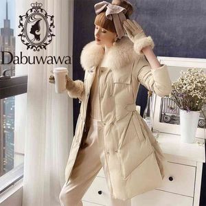 Dabuwawa暖かいエレガントな毛皮の襟の女性ダウンコートジャケットカジュアルなポケットパーカーファッション長い女性冬のジャケットDT1DDW024 210520