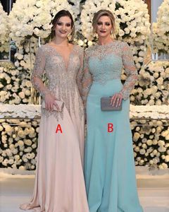 Vestidos luxuosos com miçangas e lantejoulas cristal para mãe da noiva mangas compridas decote em V rosa plus size vestidos formais de baile de formatura