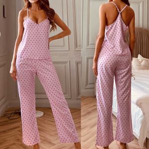 Spaghetti Strap Pyjamas Print Sommar Två Piece Set Top And Pants Sleepwear Satin Kvinnor V Neck Sexig Nightwear Polka Dots Print Q0706