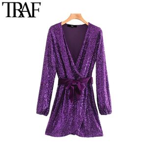 Women Vintage Sexy Deep V Neck Sequin Wrap Mini Dress Fashion Long Sleeve Bow Tie Velvet Sashes Party Dresses Chic Vestidos 210507