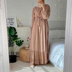 Siskakia Solid 3D Pompon Maxi Long Dress for Women Fall O Neck Full Sleeve Muslim Duabi Turkey Qtar Oman Arabic Clothes 210325