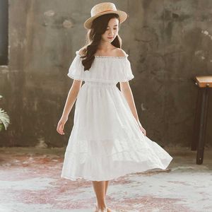 2021 Verão Lace Princesa Crianças Vestidos Meninas Longa Flor Roupas Mesh off Wedding Wedding Vestido Branco 5 6 7 8 9 10 11 12 Ano Q0716