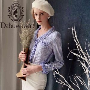 Dabuwawa Sweet Plaid Ruched Women Blouse V-Neck Long Sleeves Ruffle Top Elegant Casual High Street Shirt Office Lady DO1AST051 210520