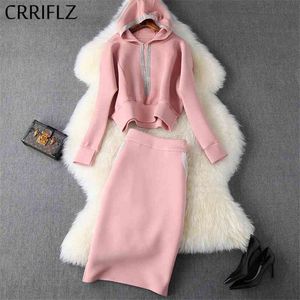 Winter Women Set Full Sleeve Hooded Casual Hoodies Beaded Tassel Space Wadding Skirt 2 Piece Slim Pink Patry 210520