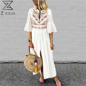 Women Dress Flare Sleeve V-neck Embroidery Print Vintage Dresses Black White Pink Bohemian Clothes 210513