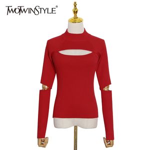 Twotwinstyle Black Hollow Out Sweater para mulheres Turtleneck Manga Longa Slim Tops Tops Feminino Moda Estilo 210517