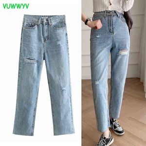 Vuwwyv mulheres jeans azul rasgado mulher reta cintura alta verão moda streetwear namorado namorado mulheres 210430