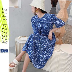 Elegant Floral Chiffon Dress Pleated Waist Half Sleeved Round Neck French Retro Blue Midi A Line Dresses Feminine Vestidos 210608