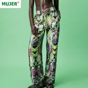 ZA Wide Hose für Frauen Green Print Übergroße Hosen Frauen Hohe Taille Frau Hose Sommer Baggy Hosen Anzüge Streetwear 211019