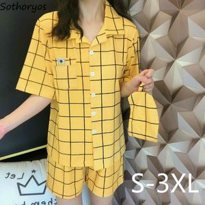 Pajama наборы женщин, разворотный воротник плед геометрический корейский стиль дома носить простые свободные плюс размер 3XL женский модный комфортный x0526