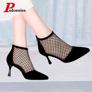 Pulomier Sommar Kvinnor Högklackat Sexig Fishnet Ankel Suede Pekade Toe Tunna Sandal Casual Shoes 210820