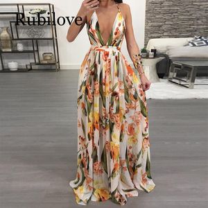 Women's Print Party Dresses Summer Sexy Maxi Boho Style Deep V Neck Backless Long Vestidos Casual Dress