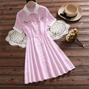 Tiki Tarzı Yaz Kadın Sevimli Gömlek Elbise Pembe Mavi Çizgili Kadın Vestidos Robe Ruffles Kol Mori Kız Nakış Elbiseler 210520