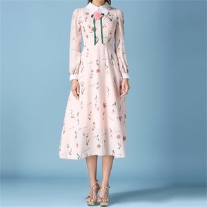 Mid-Calf Print Long Dress Full Sleeve Tunic Fit and Flare Peter Pan Collar Sweet White Women Spring Summer 210603