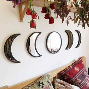 5pcs Moon Phase Decorative Mirror Wall Stickers Wall Decal Home Decoration Living Room Balcony Posters 210705