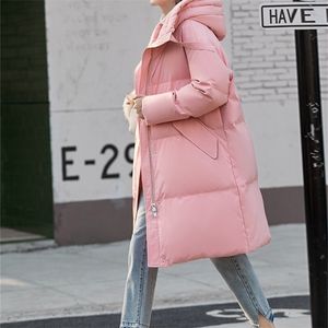 Vinter 90% Vit Duck Down Coat Elegant Solid Loose Hooded Kvinna Mid Long Tops 11930404 210527