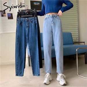 Syiwidii ​​hög midja jeans för kvinnor rakt ben denim byxor botten vintage streetwear mode kläder blå svart vår 211129