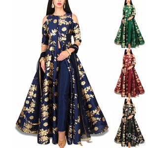 Spring Elegant Print Women Dress Moroccan Kafan Slim Fit Big Swing Off Shoulder Maxi Vestidos India A-line Party Vestidos 2021 X0521