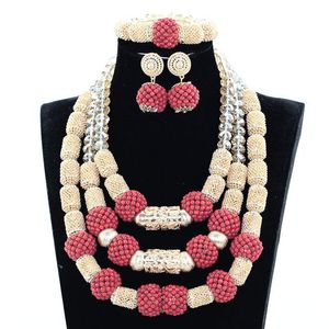 Ohrringe Halskette Erstaunliche rote afrikanische Korallenperlen Schmuckset Dubai Hochzeit Braut Statement Damen QW175