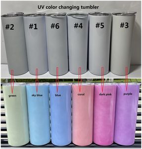 UV Color Changing Tumbler 20oz Sublimation Tumbler Sun Light Sensing Stainless Steel Straight Skinny Tumbler with Lid and Straws