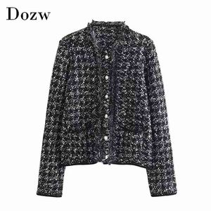 Women Elegant Plaid Coat Long Sleeve Vintage Tweed Jacket Pocket Tassel Stylish Chic Outerwear Autumn Spring 210515