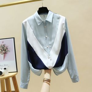Весенняя осенняя рубашка для женщин отключить воротник длинные рукава лоскутное шифоновые рубашки топы офисные дамы блузки 210428